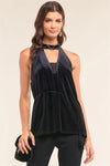 Black Velvet Sleeveless Halter Neck Mesh Detail Tassel Tip Support String Tie Open Back Top /1-2-2 - Tasha Apparel Wholesale