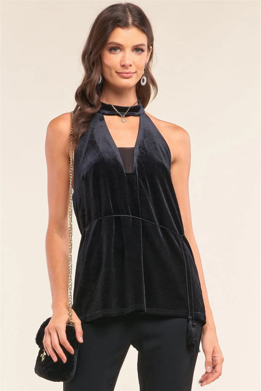Black Velvet Sleeveless Halter Neck Mesh Detail Tassel Tip Support String Tie Open Back Top /1-2-2 - Tasha Apparel Wholesale
