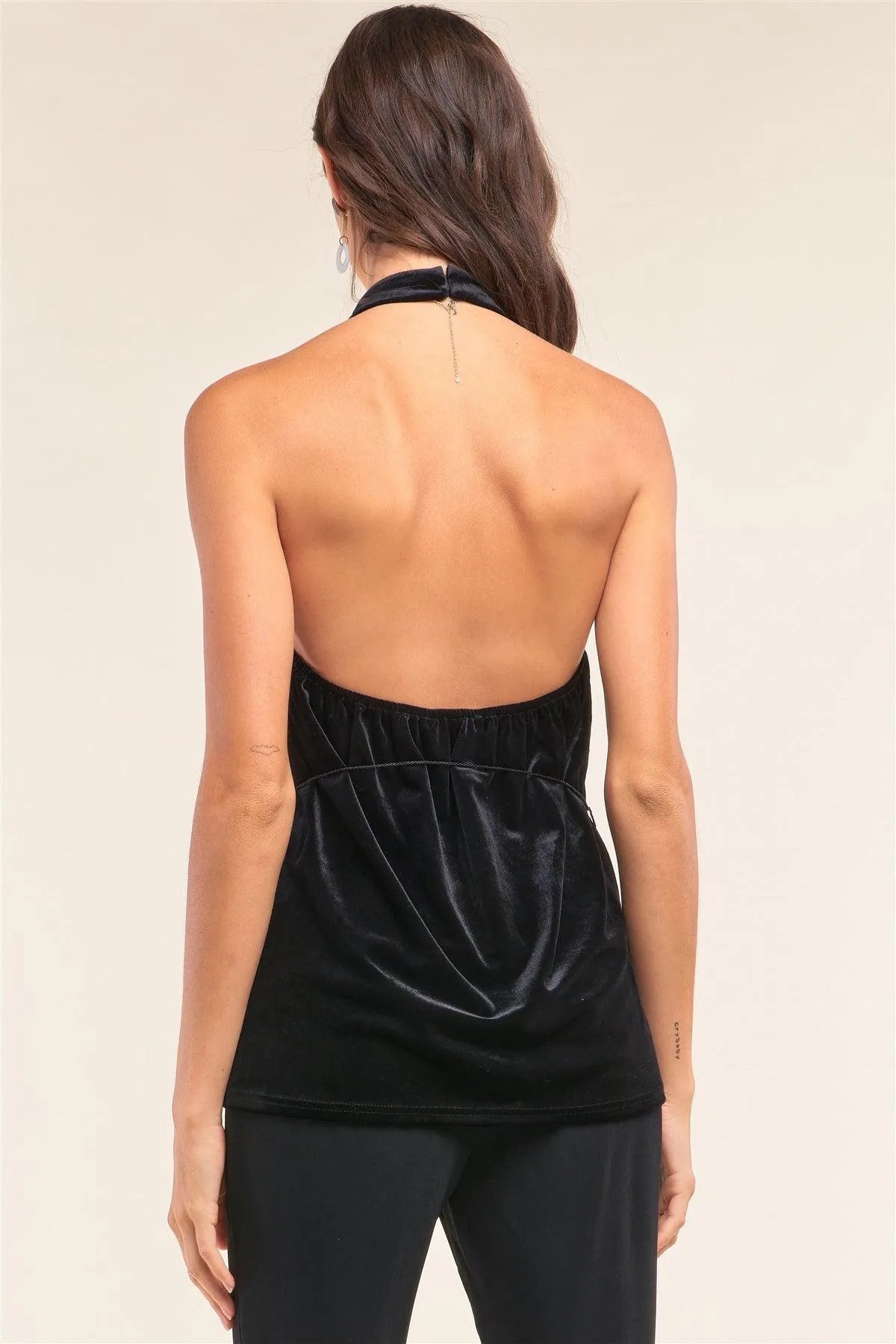 Black Velvet Sleeveless Halter Neck Mesh Detail Tassel Tip Support String Tie Open Back Top /1-2-2 - Tasha Apparel Wholesale