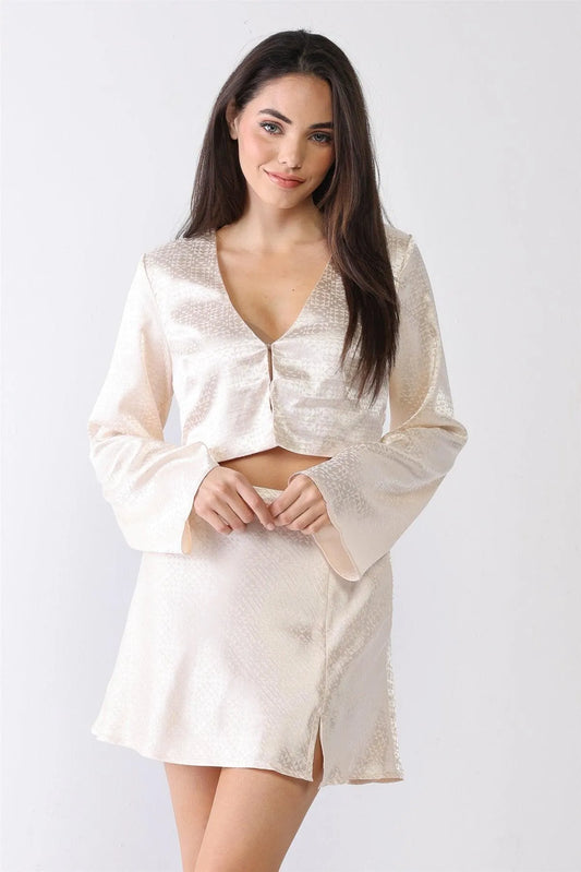 Cream Satin Geometrical Print Eye Closure Crop Top & High Waist Mini Skirt Set /1-2-2-1 - Tasha Apparel Wholesale