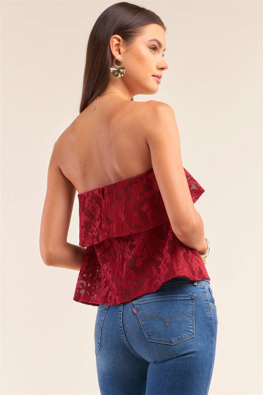 Wine Floral Lace Strapless Front Ruffle Crop Top /1-2-2-1 - Tasha Apparel Wholesale