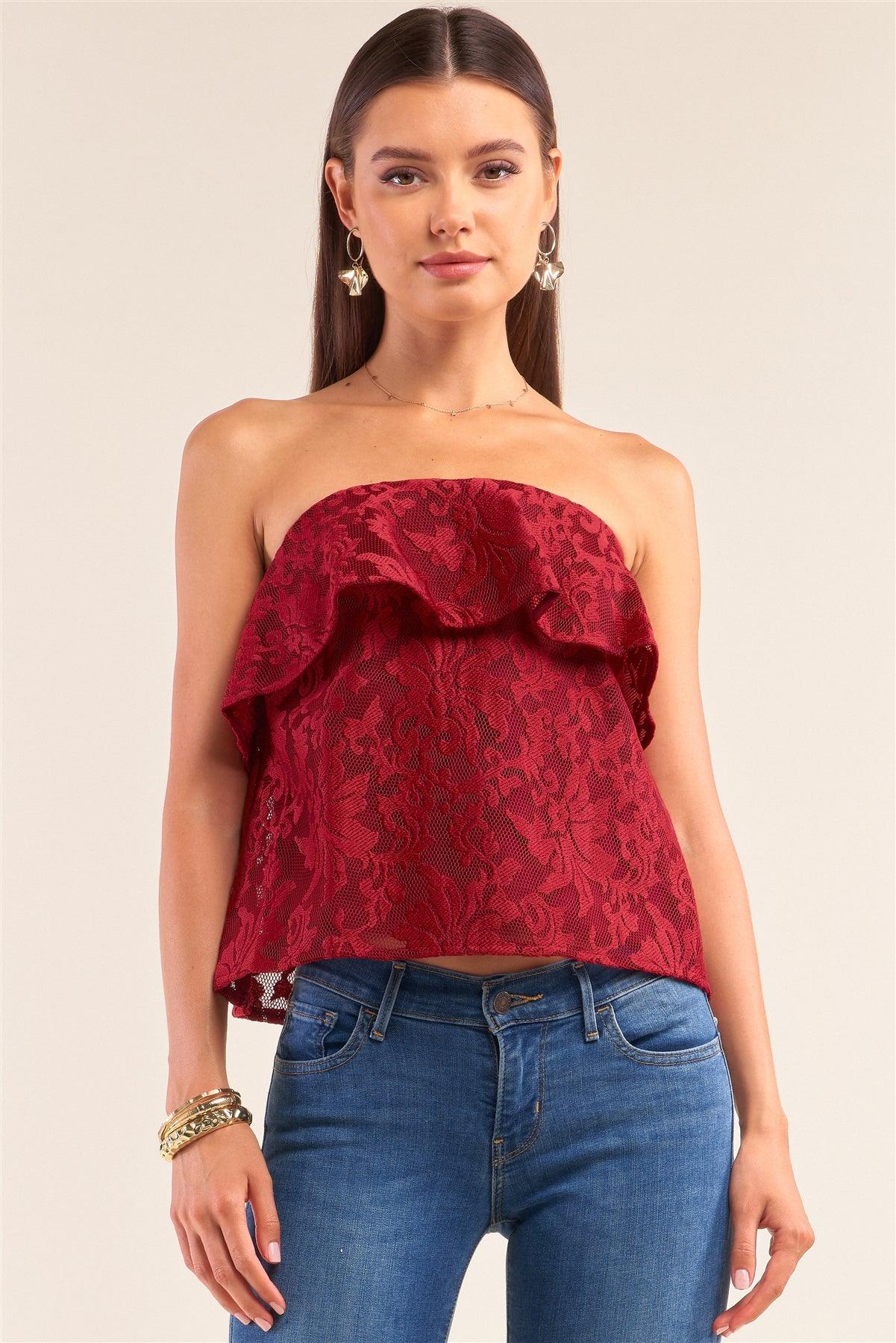 Wine Floral Lace Strapless Front Ruffle Crop Top /1-2-2-1