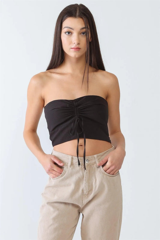 Black Textured Strapless Ruched Crop Top /3-2-1 - Tasha Apparel Wholesale