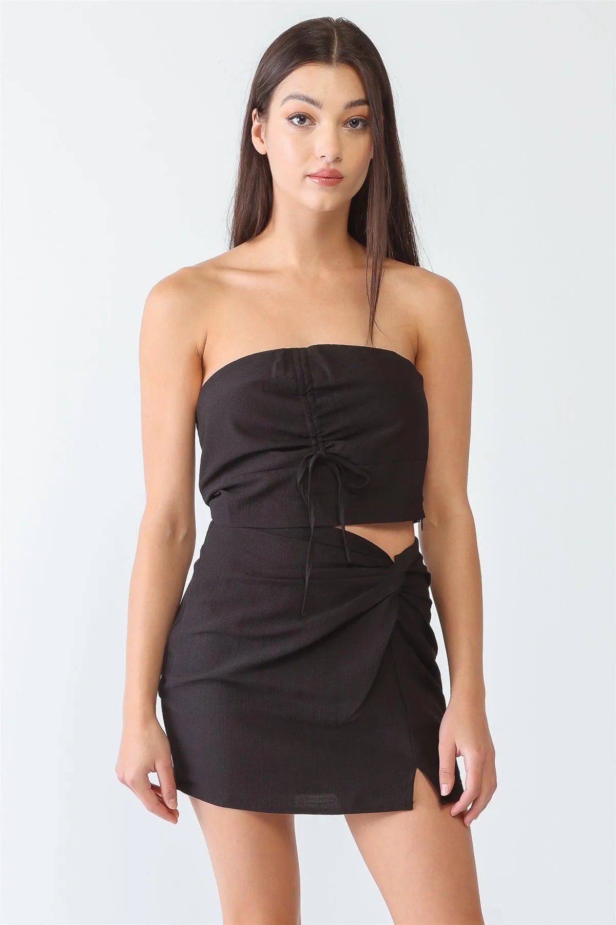 Black Textured Strapless Ruched Crop Top & High Waist Twist Mini Skirt Set /3-2-1 - Tasha Apparel Wholesale