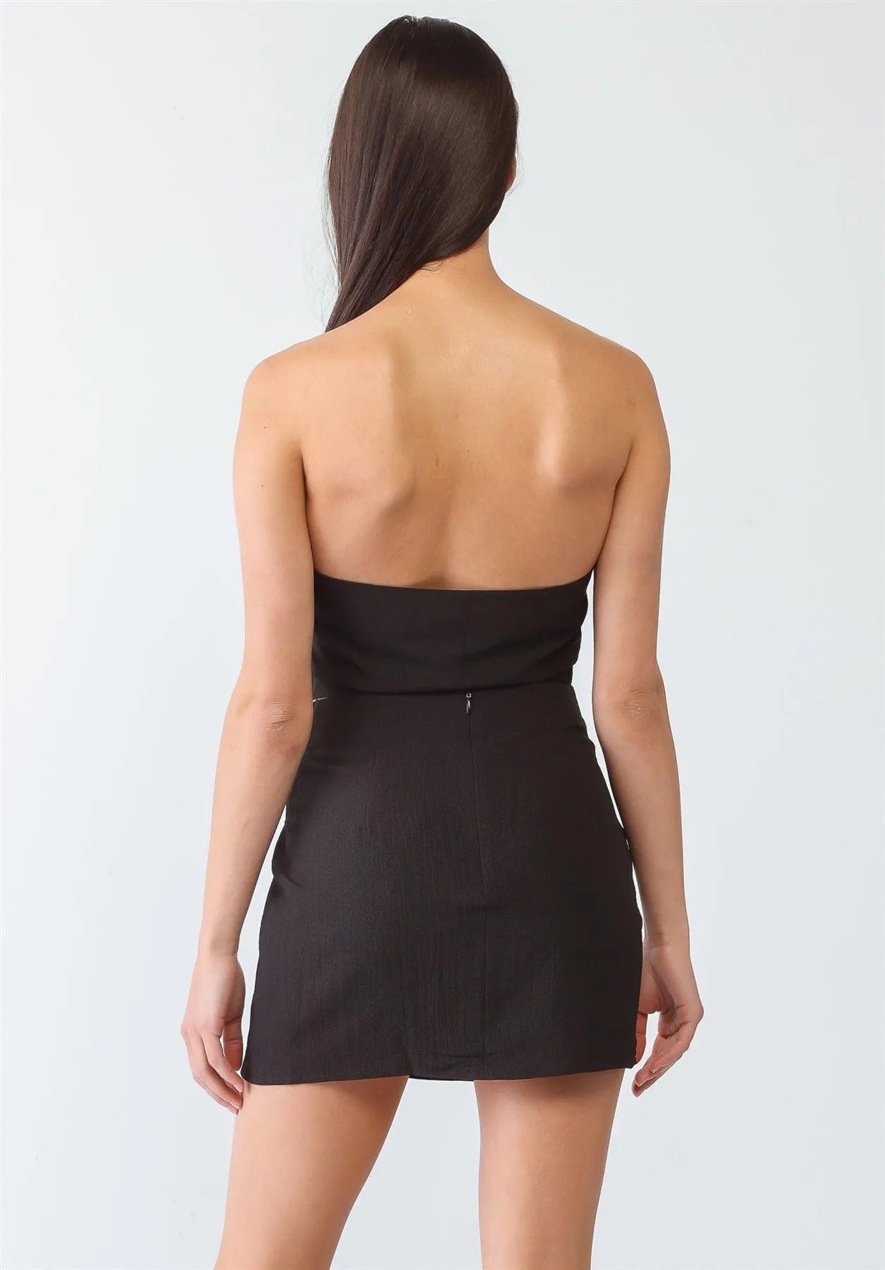 Black Textured Strapless Ruched Crop Top & High Waist Twist Mini Skirt Set /3-2-1 - Tasha Apparel Wholesale