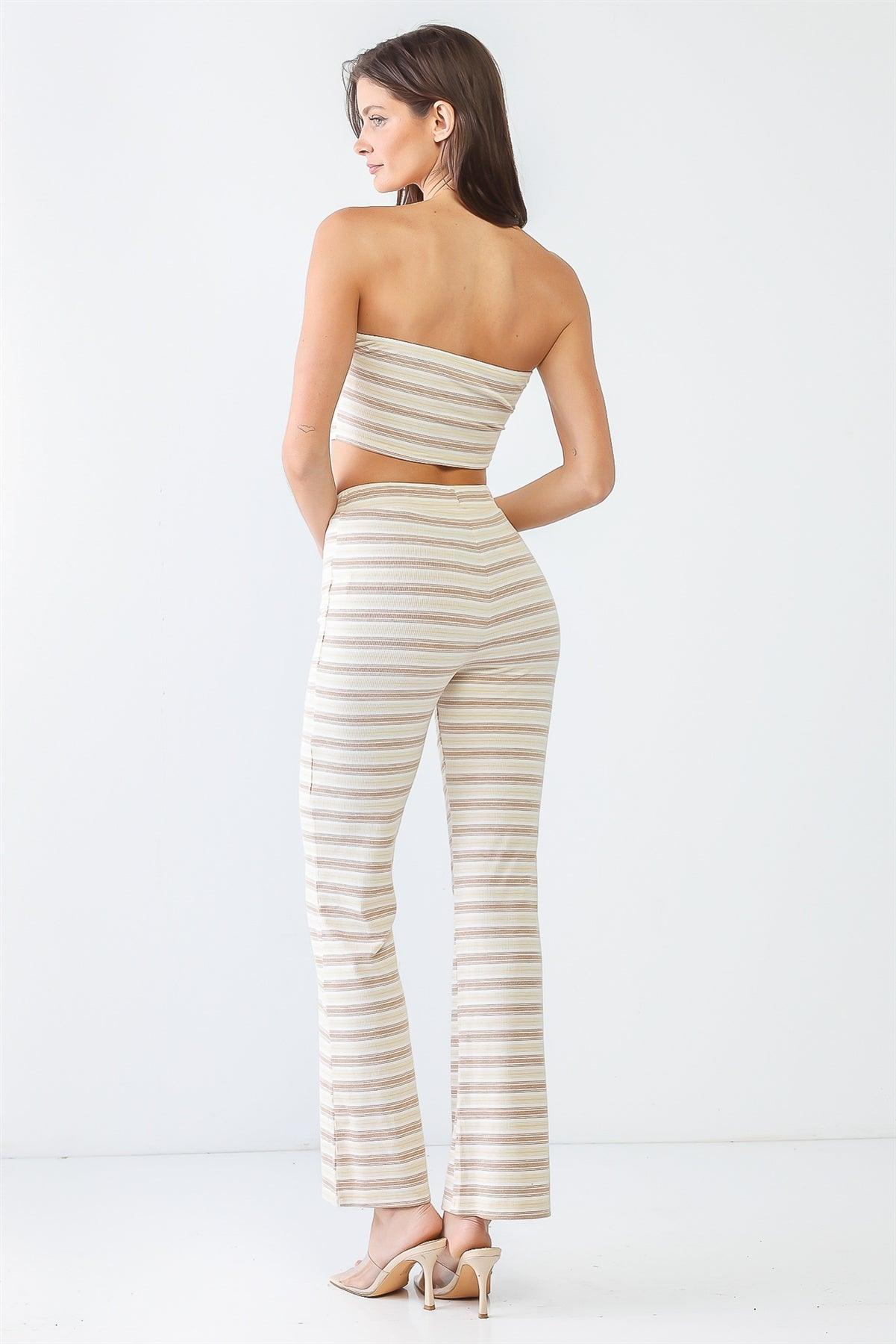 Taupe & Mocha Stripe Print Ribbed Cut-Out Crop Top & High Waist Pants Set /3-2-1
