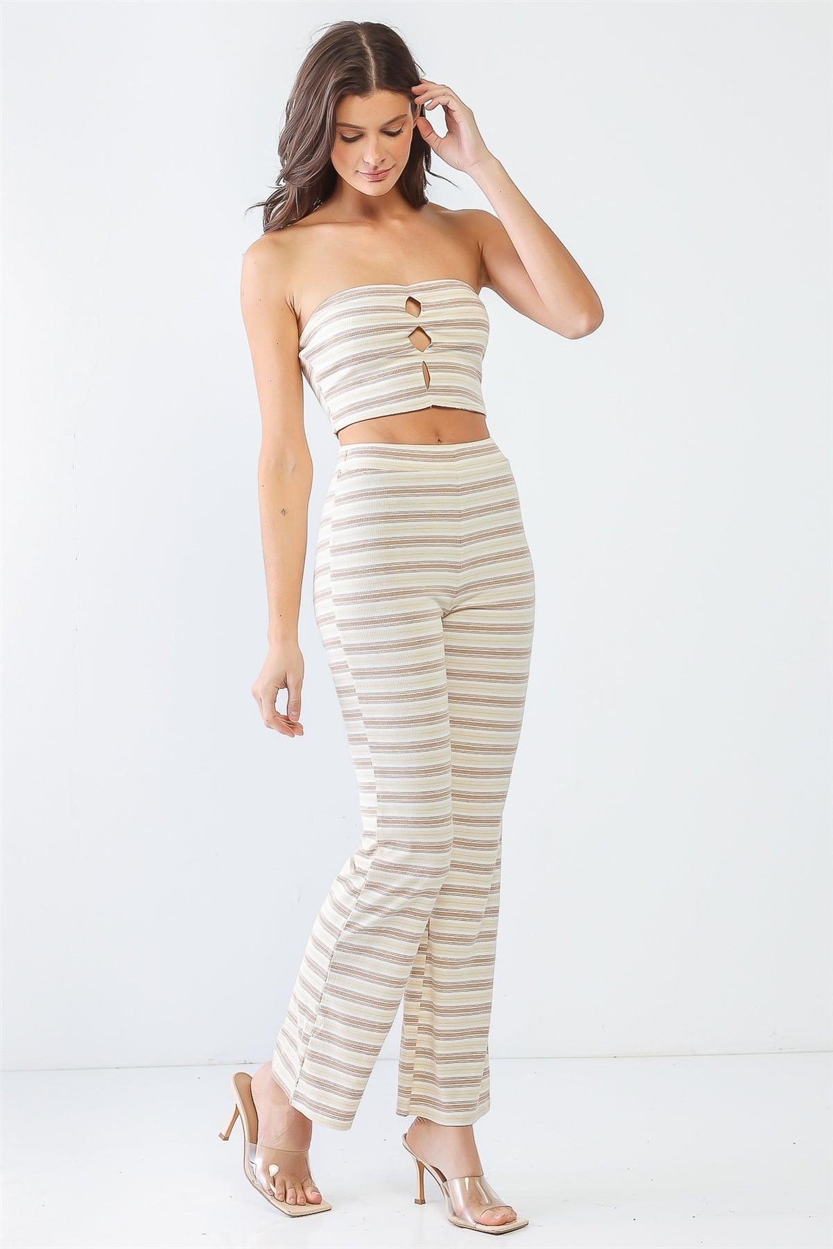 Taupe & Mocha Stripe Print Ribbed Cut-Out Crop Top & High Waist Pants Set /3-2-1
