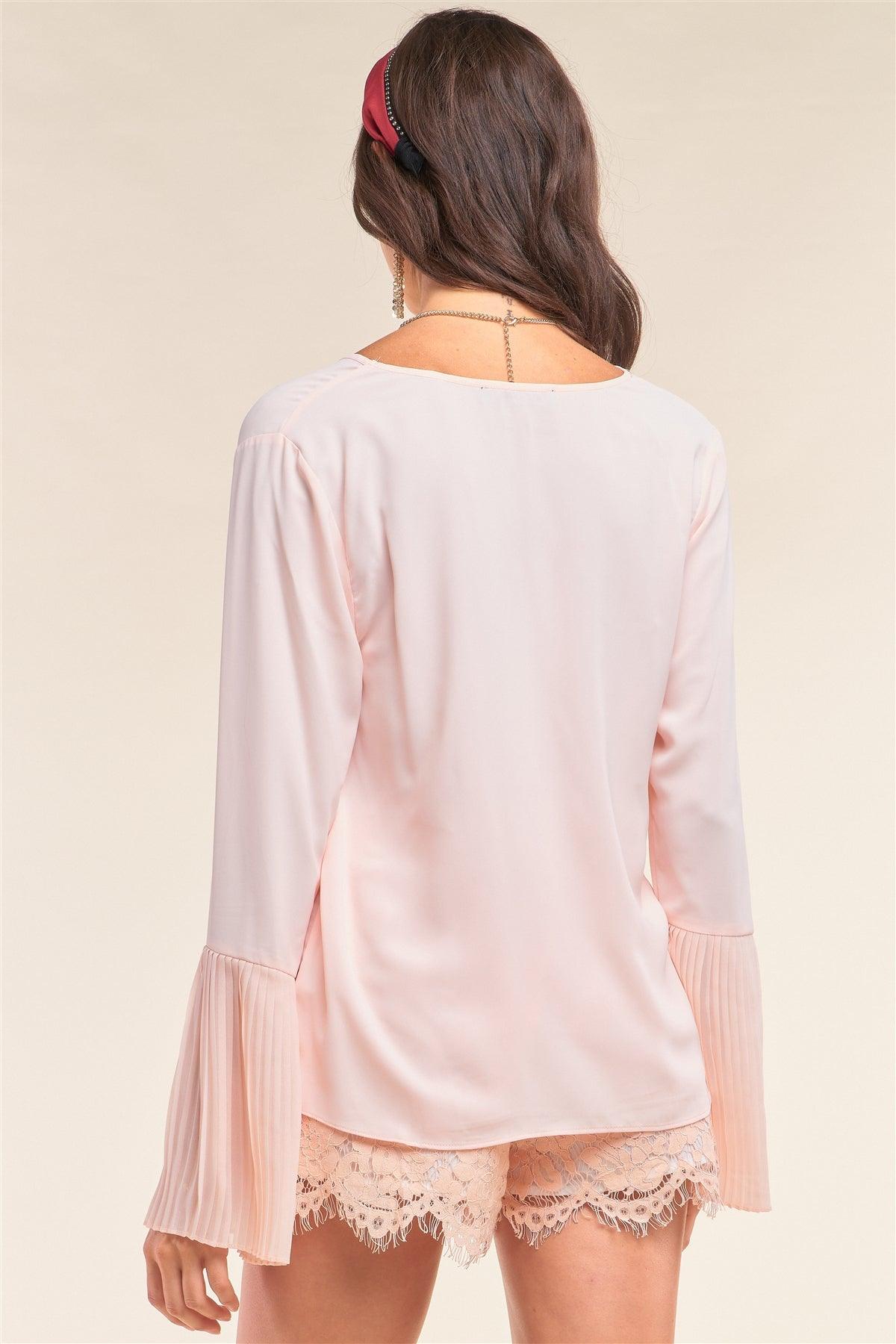 Rose Petal Pink V-Neck Relaxed Fit Long Pleated Detail Sleeve Blouse /2-2-1