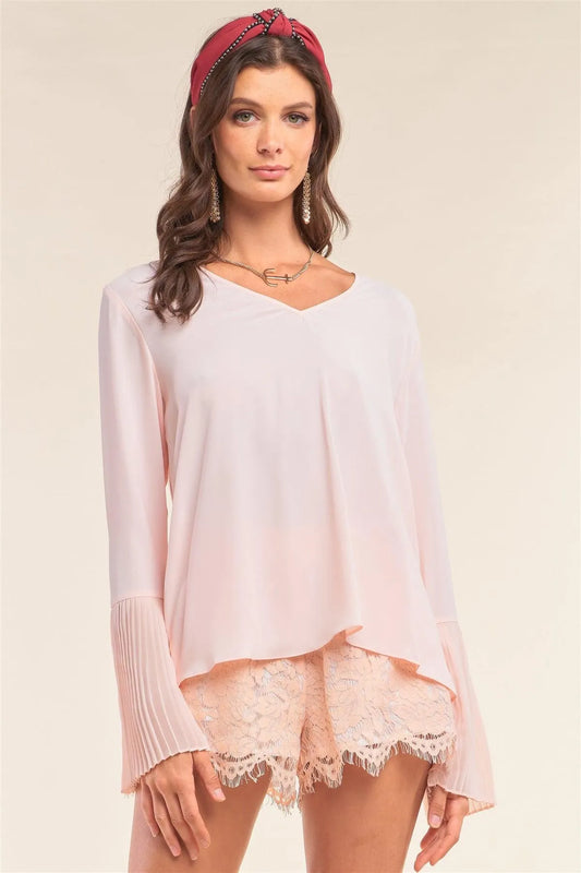 Rose Petal Pink V-Neck Relaxed Fit Long Pleated Detail Sleeve Blouse /1-2-2-1 - Tasha Apparel Wholesale