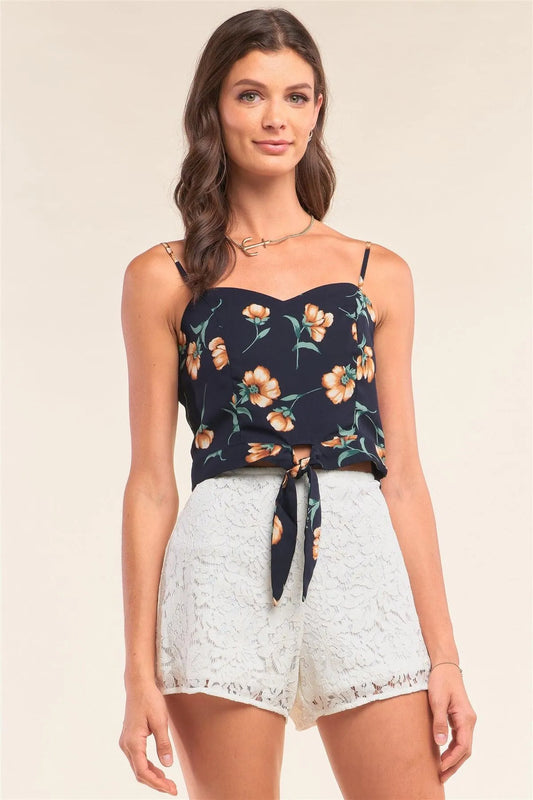 Dark Navy Multicolor Floral Print Sleeveless Heart-Shaped Neck Self-Tie Hem Front Detail Cropped Top /1-2-2-1 - Tasha Apparel Wholesale