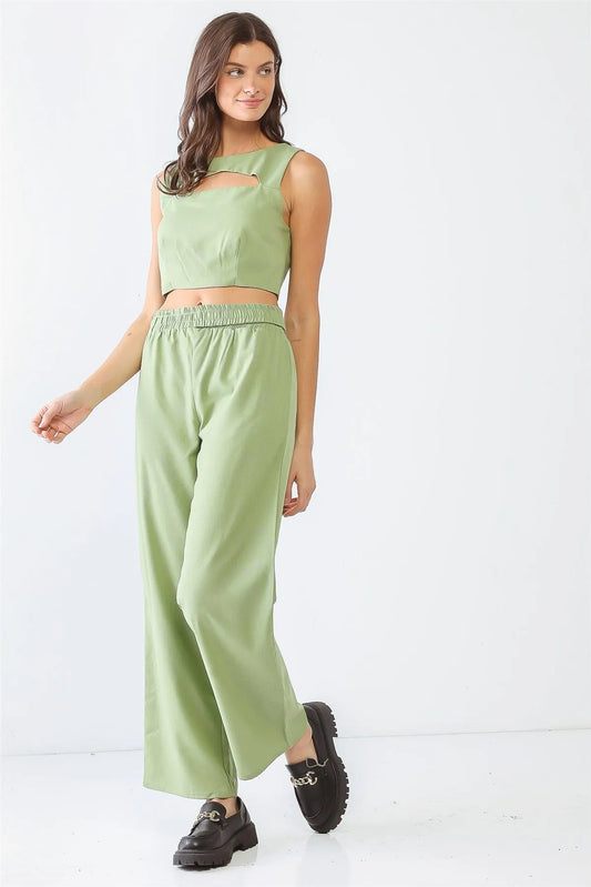 Green Sleeveless Cut-Out Crop Top & High Waist Pants Set /3-2-1 - Tasha Apparel Wholesale