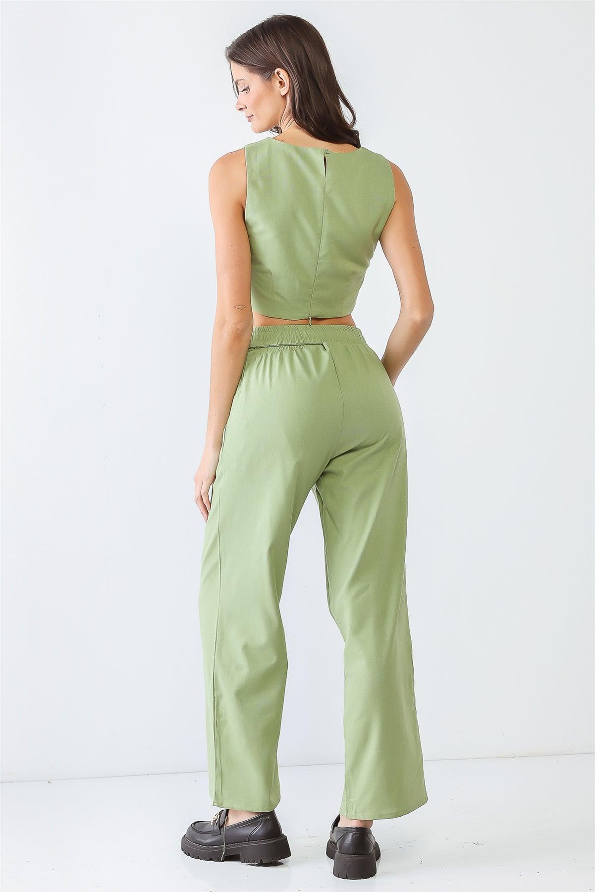 Green Sleeveless Cut-Out Crop Top & High Waist Pants Set /3-2-1