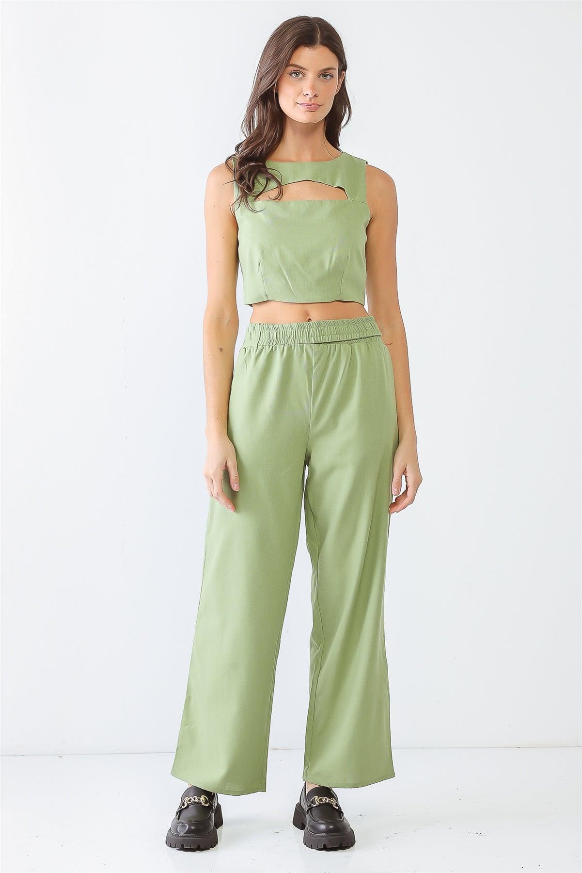 Green Sleeveless Cut-Out Crop Top & High Waist Pants Set /3-2-1