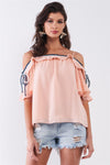 Blush Pink Off-The-Shoulder Short Pleated Sleeve Ruffle Trim Relaxed Top /1-2-2-1