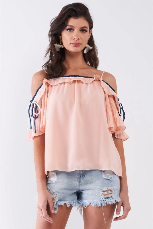 Blush Pink Off-The-Shoulder Short Pleated Sleeve Ruffle Trim Relaxed Top /1-2-2-1 - Tasha Apparel Wholesale