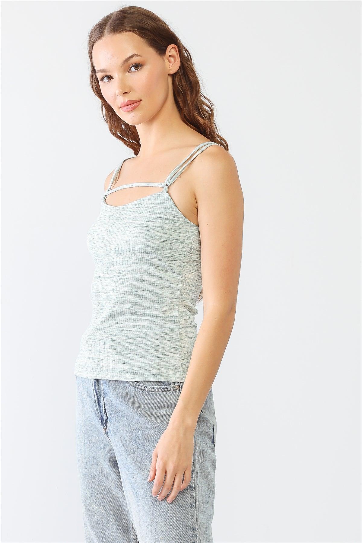 Cream & Green Printed Ribbed Sleeveless Strappy Top /3-2-1