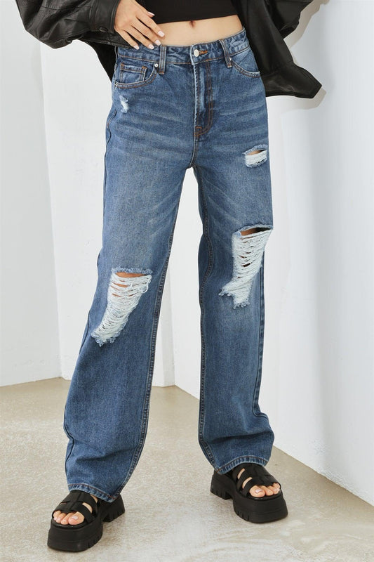 Medium Blue Denim Five Pocket Distressed High Waist Jeans