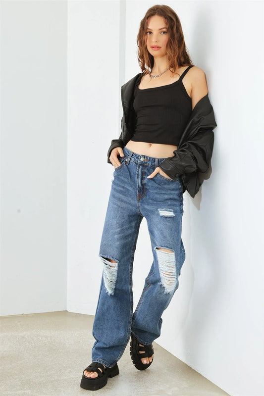 Medium Blue Denim Five Pocket Distressed High Waist Jeans - Tasha Apparel Wholesale