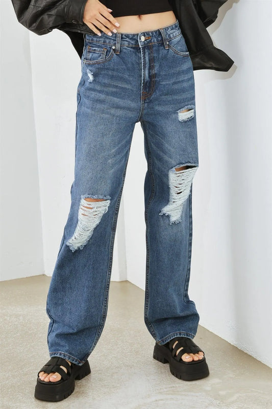 Blue Denim Five Pocket Distressed High Waist Jeans - Tasha Apparel Wholesale