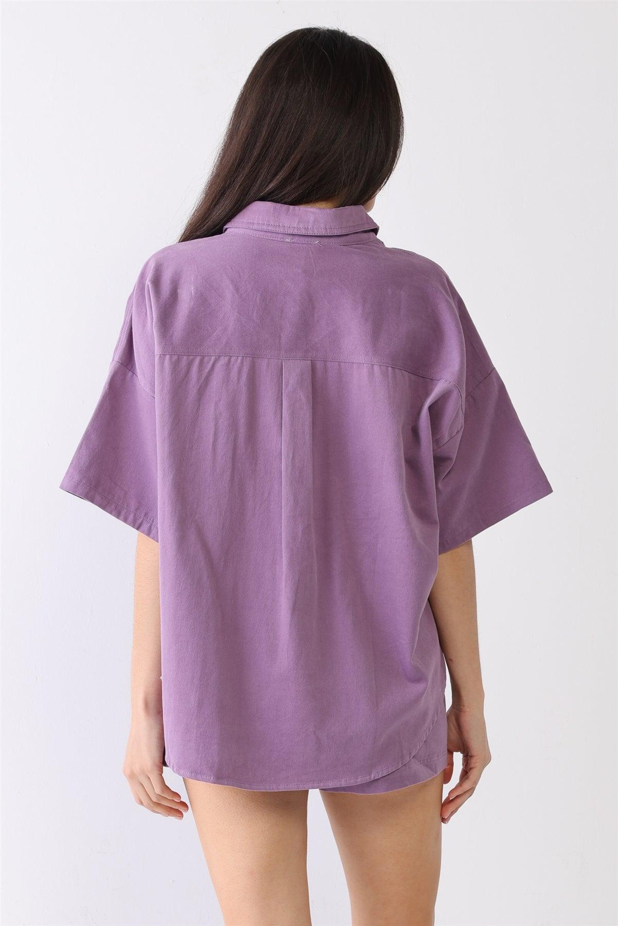 Purple Cotton Collared Neck Button T-Shirt & High Waist Three Pocket Shorts Set /3-2-1