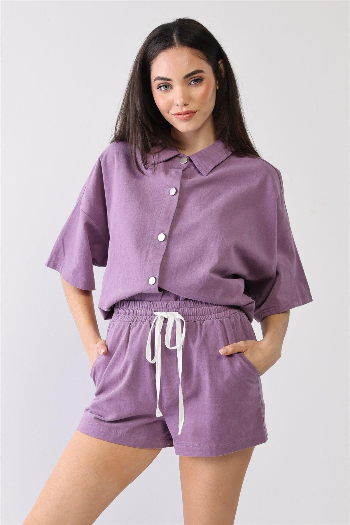 Purple Cotton Collared Neck Button T-Shirt & High Waist Three Pocket Shorts Set /3-2-1