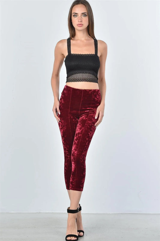 Wine Velvet Calf-Length High Waist Pants /3-2-1 - Tasha Apparel Wholesale