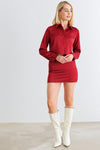 Crimson Satin Button-Up Collared Neck Long Sleeve Crop Top & High Waist Skirt Set /1-2-2-1