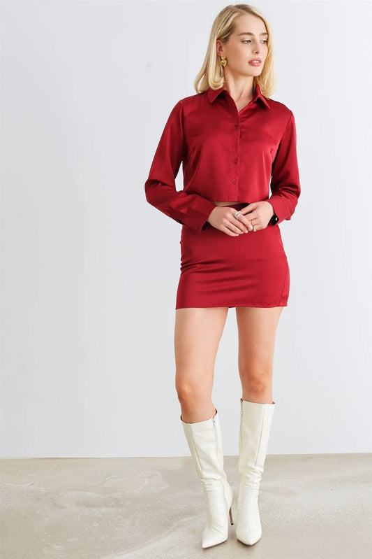 Crimson Satin Button-Up Collared Neck Long Sleeve Crop Top & High Waist Mini Skirt Set /1-2-2-1 - Tasha Apparel Wholesale