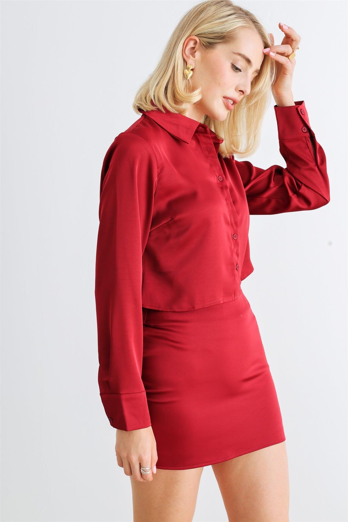 Crimson Satin Button-Up Collared Neck Long Sleeve Crop Top & High Waist Mini Skirt Set /1-2-2-1