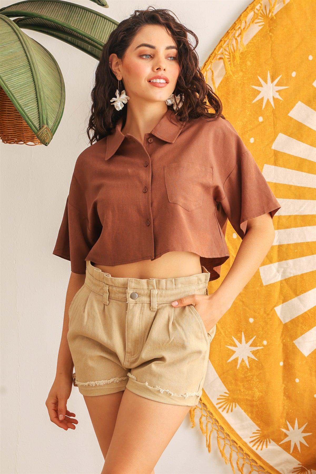 Brown Woven Button-Up Short Sleeve Collared Neck Crop Shirt /1-2-2-1
