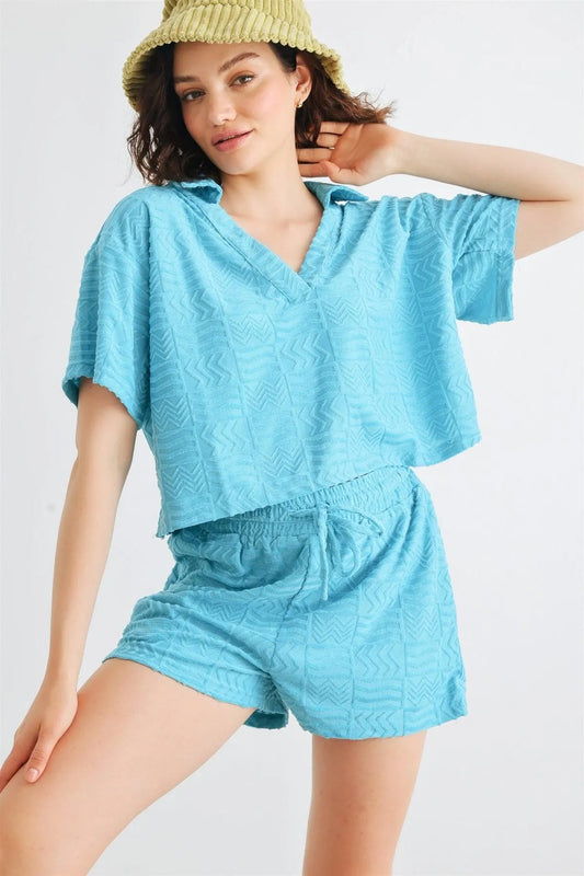 Teal Blue Printed Collar Neck Short Sleeve Crop Top & High Waist Two Pocket Shorts Set /1-2-2-1 - Tasha Apparel Wholesale