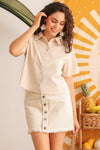 Taupe Button-Up Short Sleeve Collared Neck Crop Shirt /1-2-2-1