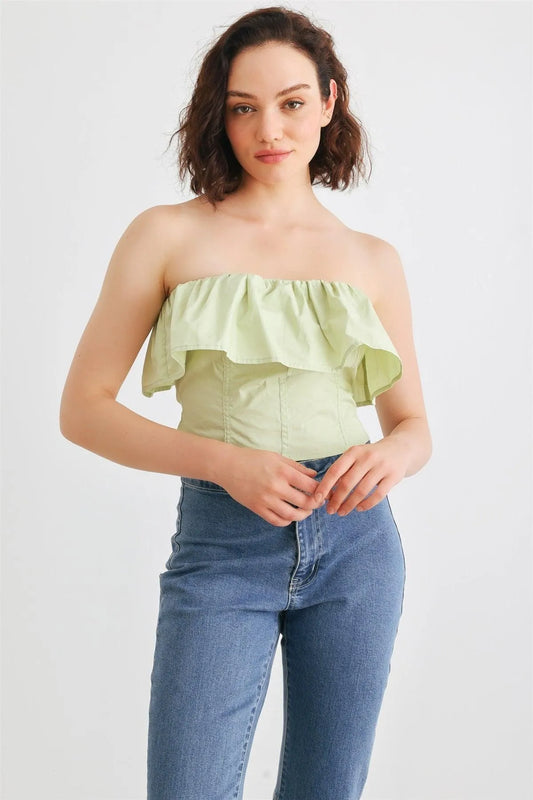 Light Green Cotton Strapless Flare Detail Corset Tube Crop Top /1-2-2-1 - Tasha Apparel Wholesale