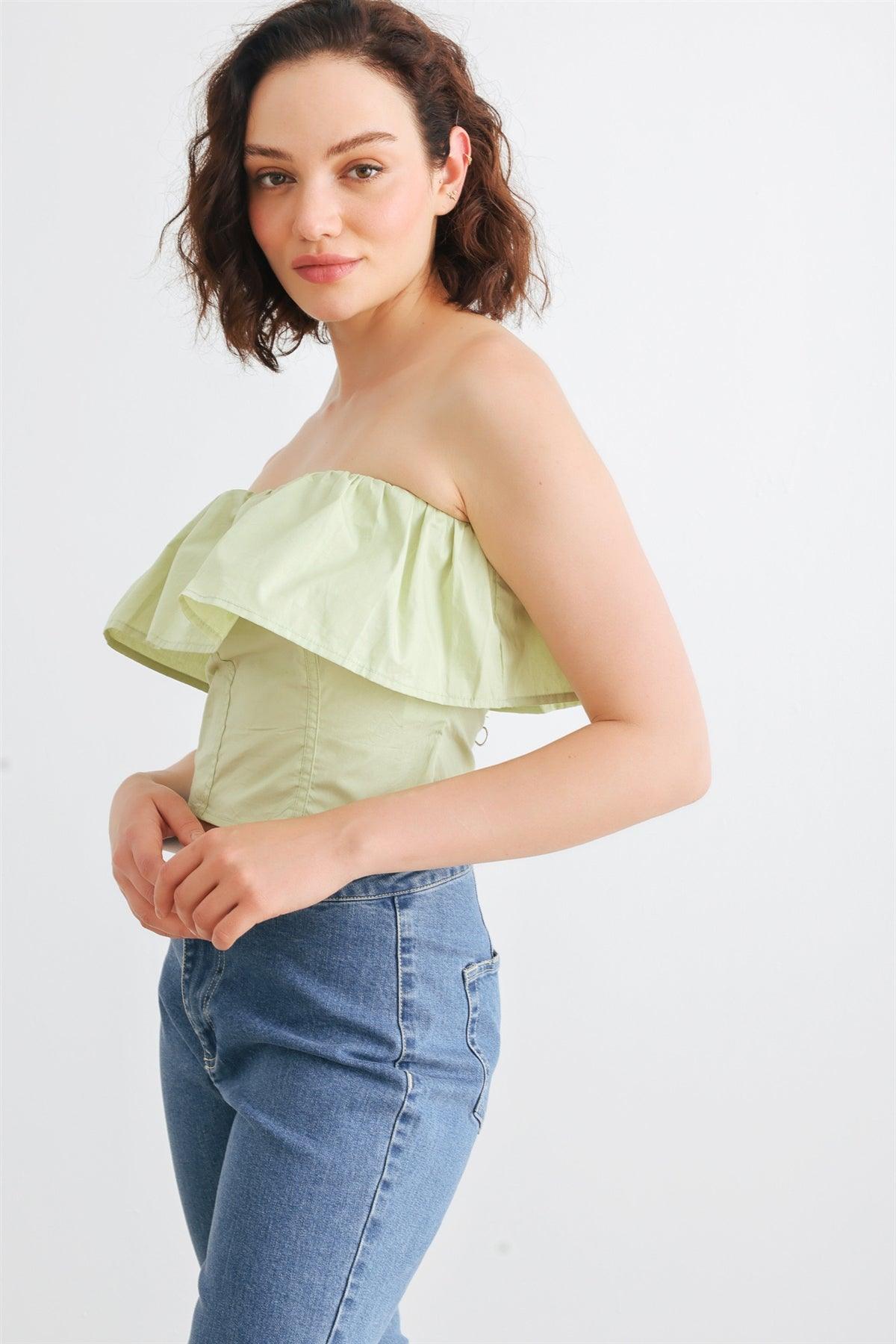 Light Green Cotton Strapless Flare Detail Corset Tube Crop Top /1-2-2-1