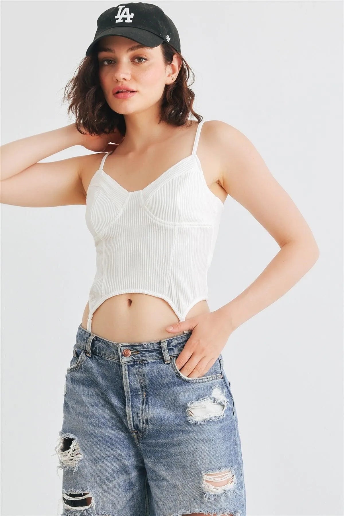 White Ribbed Sleeveless Garter Corset Top /1-2-2-1 - Tasha Apparel Wholesale