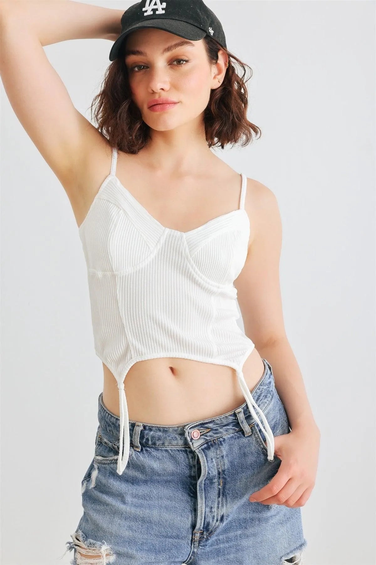 White Ribbed Sleeveless Garter Corset Top /1-2-2-1 - Tasha Apparel Wholesale