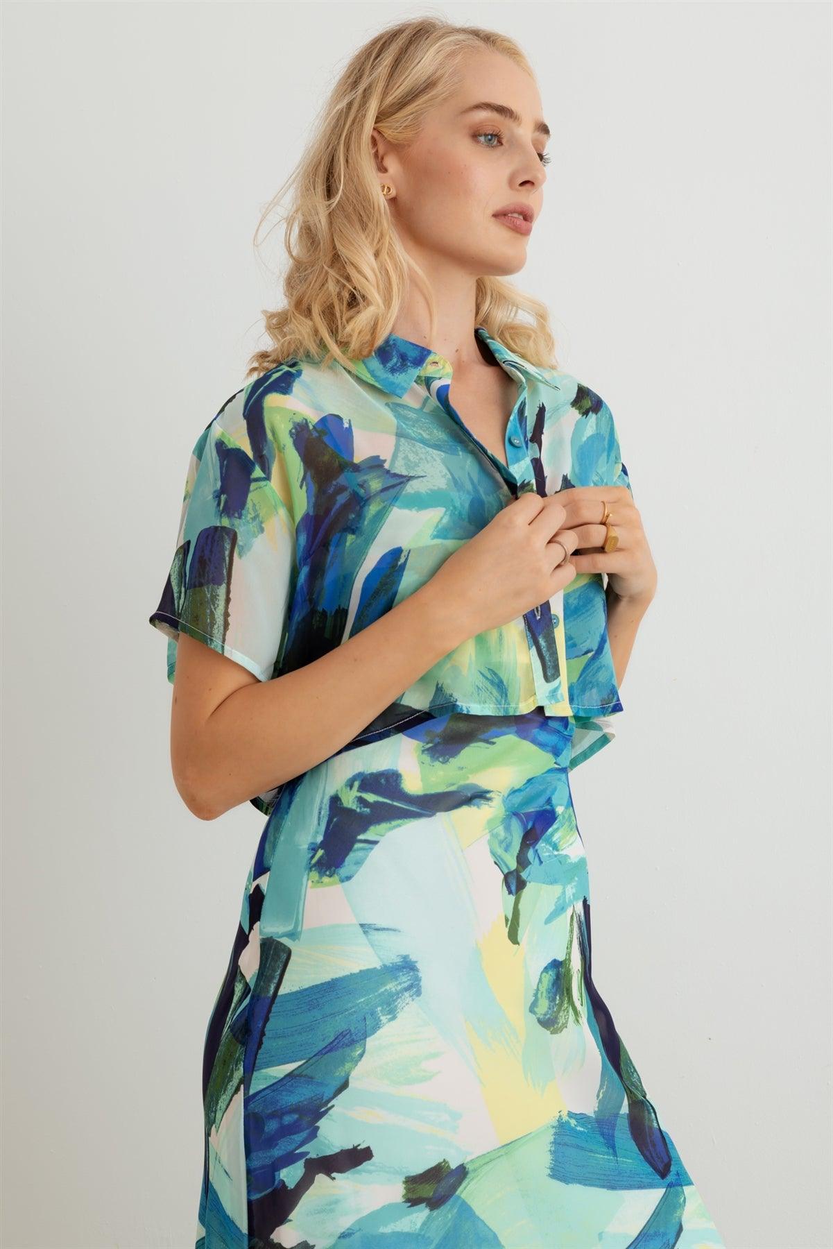 Blue Multi Printed Mesh Button-Up Collar Neck Short Sleeve Cropped Shirt /1-2-2-1