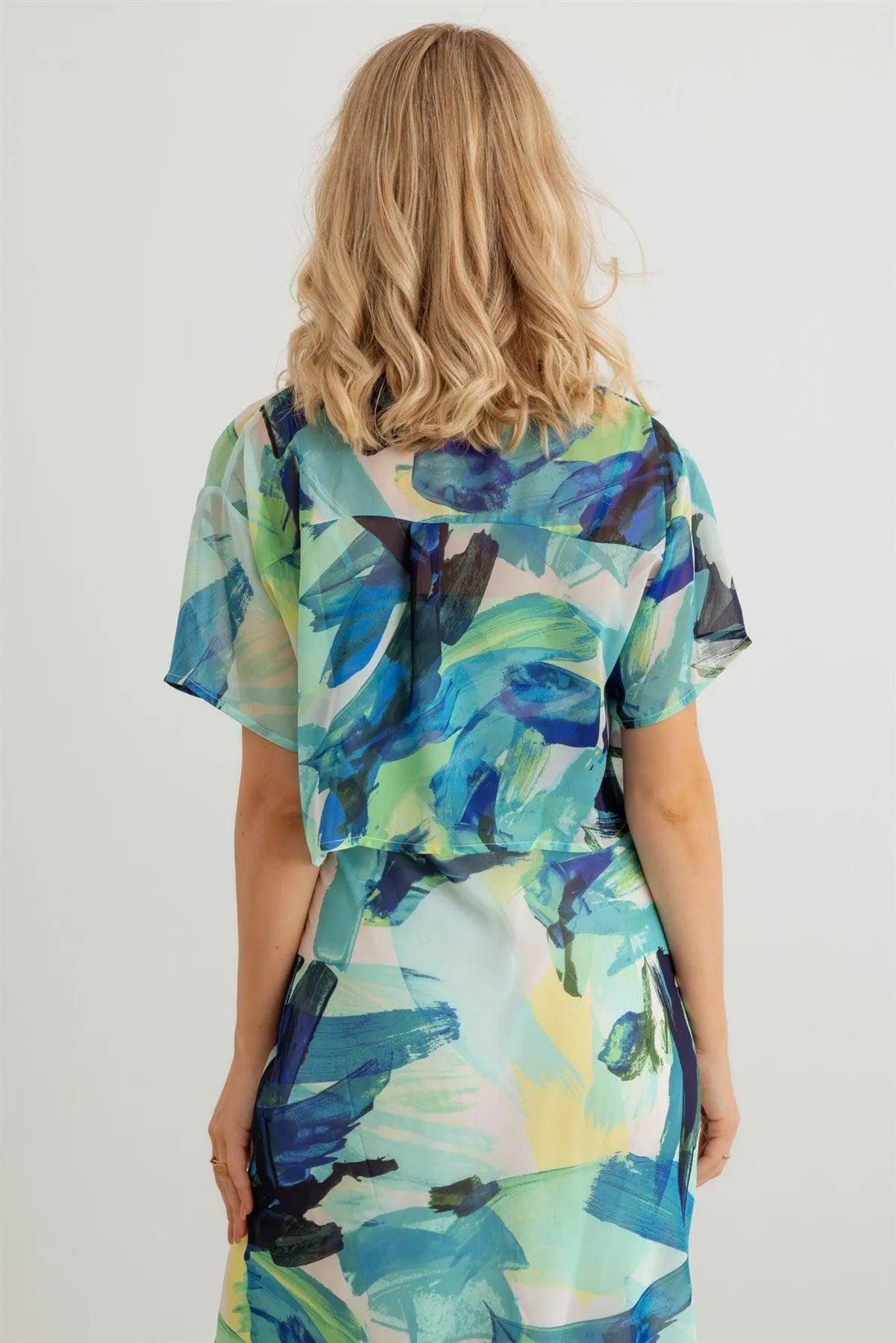Multi Printed Mesh Button-Up Collar Neck Short Sleeve Cropped Top - Tasha Apparel Wholesale