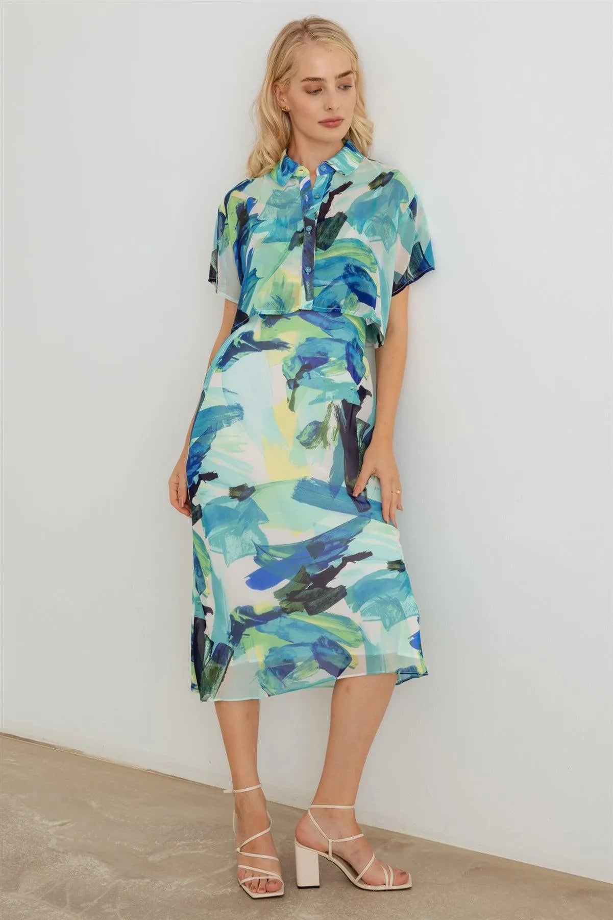 Multi Printed Mesh Button-Up Collar Neck Short Sleeve Cropped Top - Tasha Apparel Wholesale