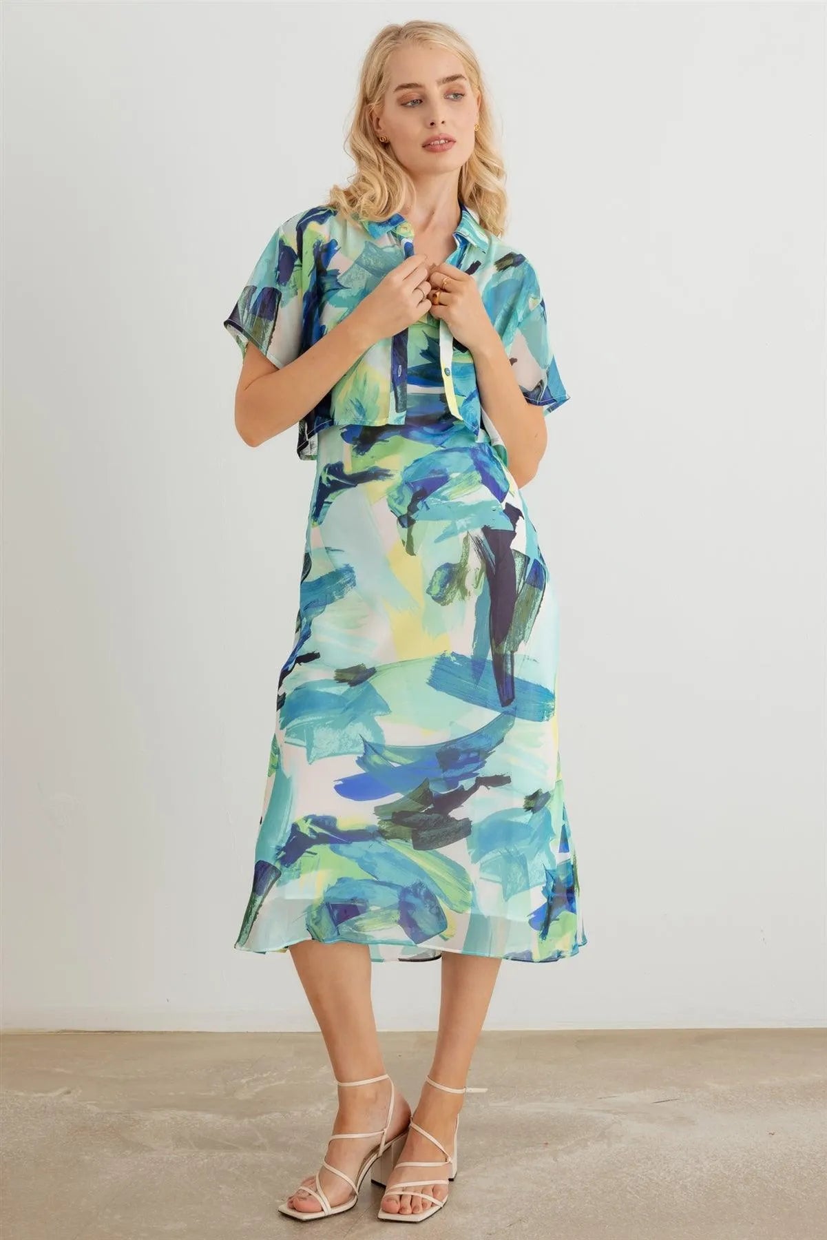Multi Printed Mesh Button-Up Collar Neck Short Sleeve Cropped Top - Tasha Apparel Wholesale