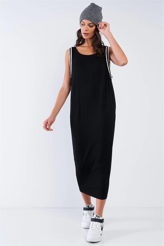 Sporty Sleeveless Stripe Ribbed Crew Neck Lose Fit Maxi Dress /1-2-2-1 - Tasha Apparel Wholesale