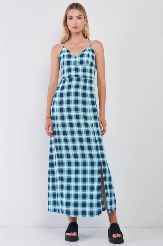 Aqua Glen Check Print Sleeveless V-Neck Criss-Cross Back Detail Slit Sides Maxi Dress /1-2-2-1 - Tasha Apparel Wholesale