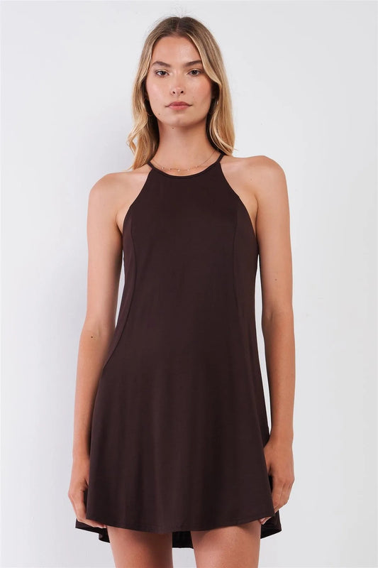 Brown Solid Sleeveless Racer Back Cami Swing Mini Dress /1-2-2-1 - Tasha Apparel Wholesale