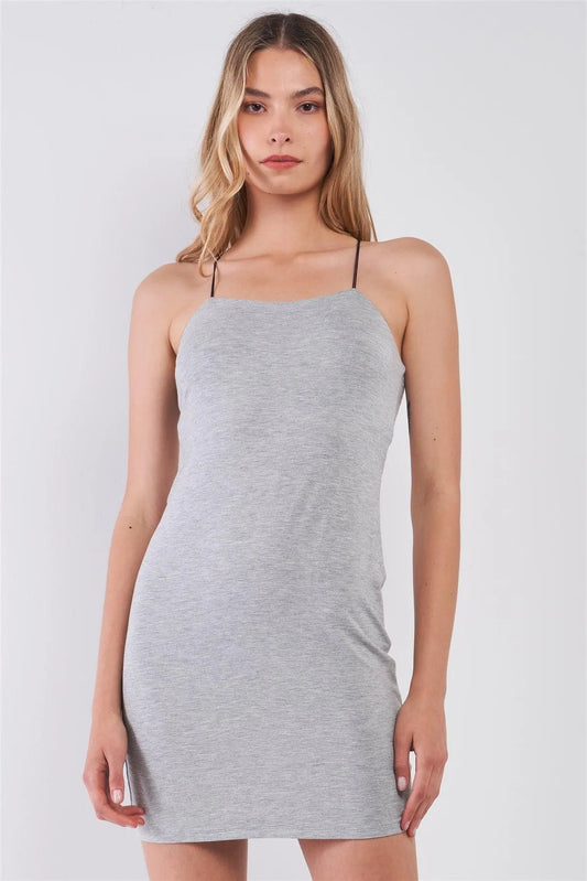 Heather Grey Sleeveless Criss-Cross Back Spaghetti Straps Cut-Out Back Detail Bodycon Mini Dress /3-2 - Tasha Apparel Wholesale