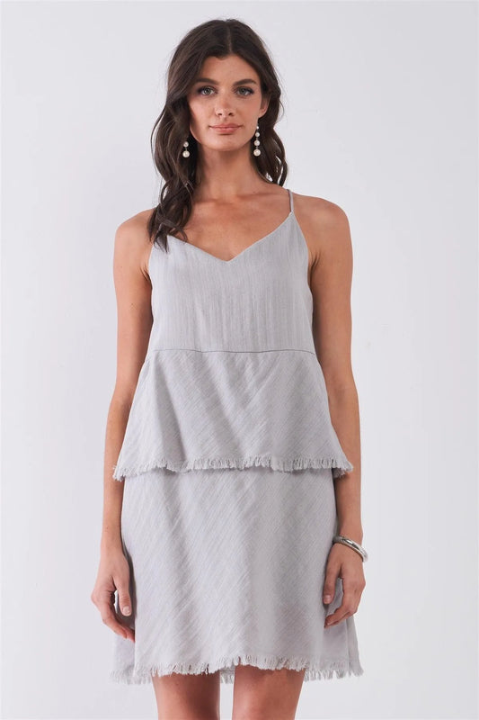 Light-Grey Sleeveless V-Neck Layered Raw Hem Mini Dress /1-2-2-1 - Tasha Apparel Wholesale