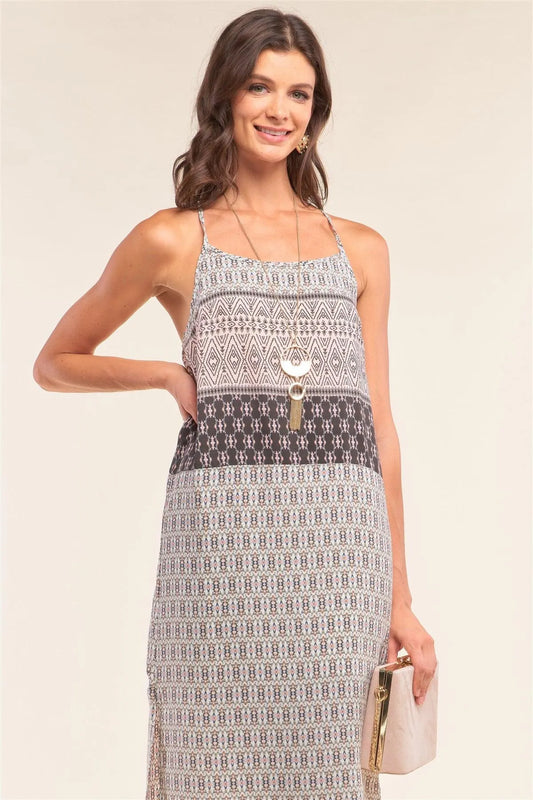 Dust Pink Tribal Print Two Side Slit Sleeveless Maxi Dress /1-3-2 - Tasha Apparel Wholesale