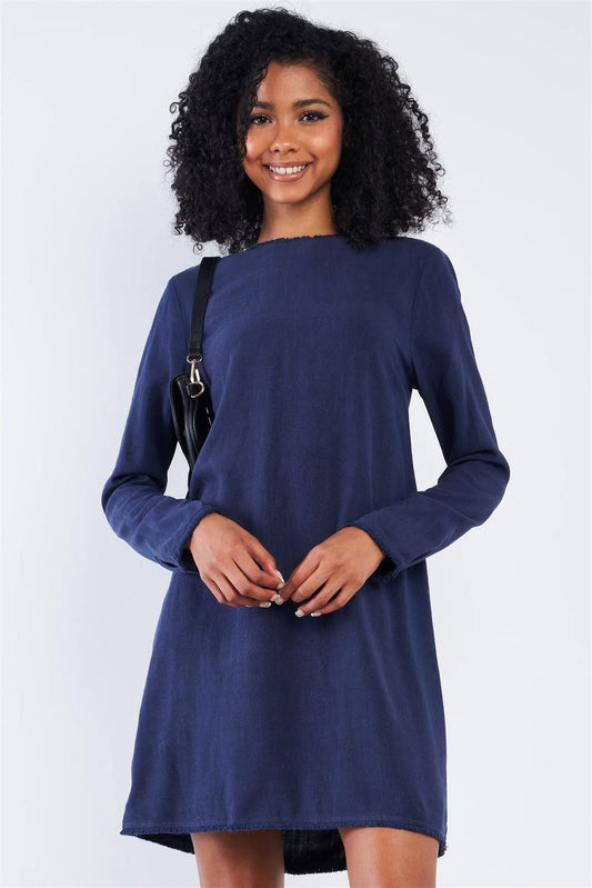 Plain Navy Blue Linen Shredded Detail Hem Round Neck Relaxed Fit Long Sleeve Mini Dress /1-2-2-1 - Tasha Apparel Wholesale