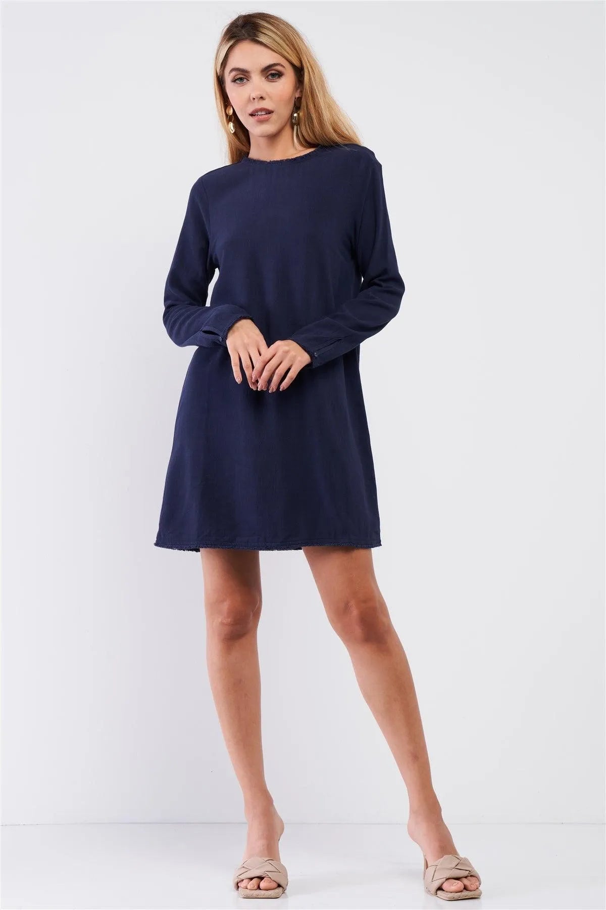 Plain Eco Navy Blue Linen Shredded Hem Detail Round Neck Relaxed Fit Long  Sleeve Mini Dress /1-2-1-1