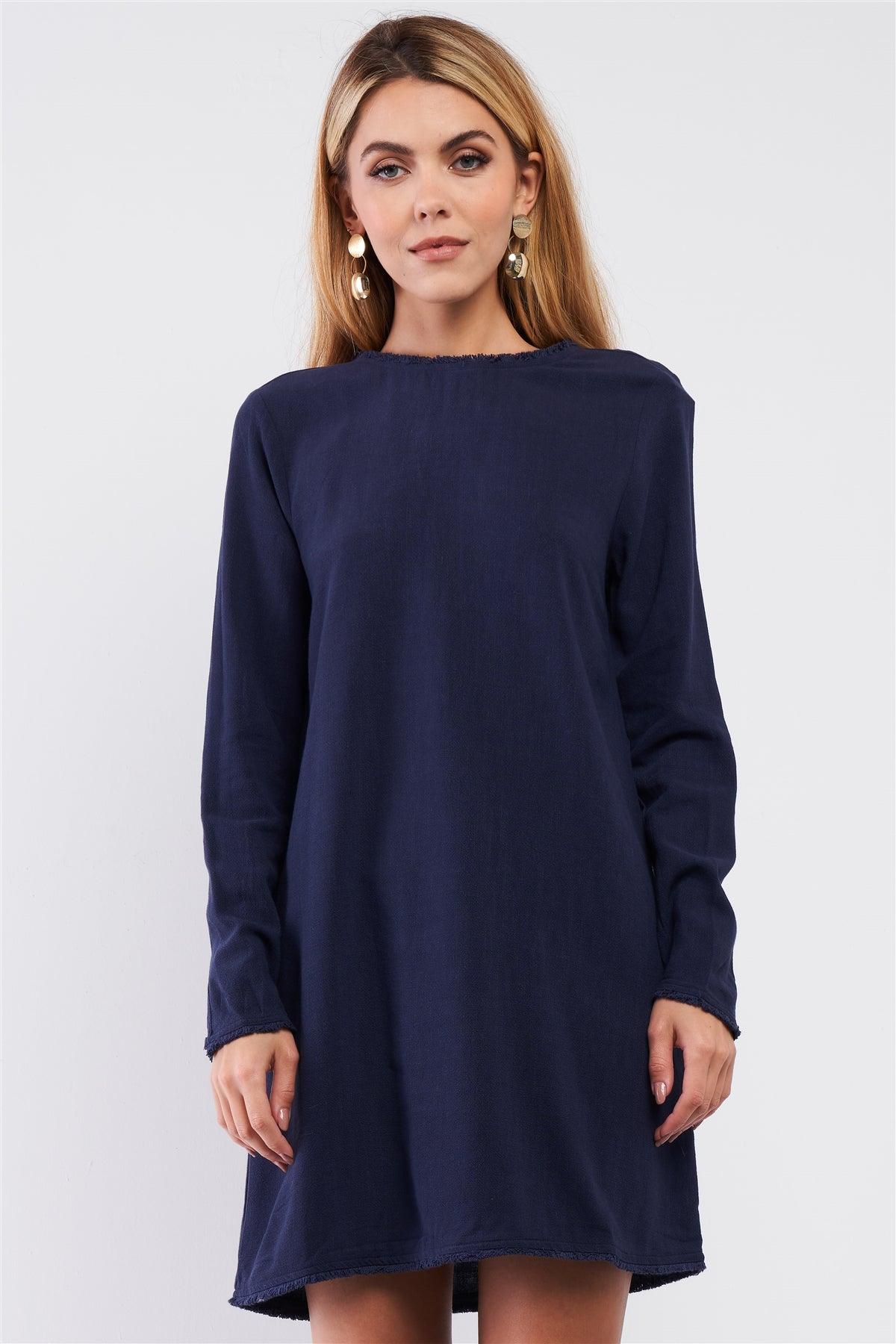 Plain Eco Navy Blue Linen Shredded Hem Detail Round Neck Relaxed Fit Long Sleeve Mini Dress