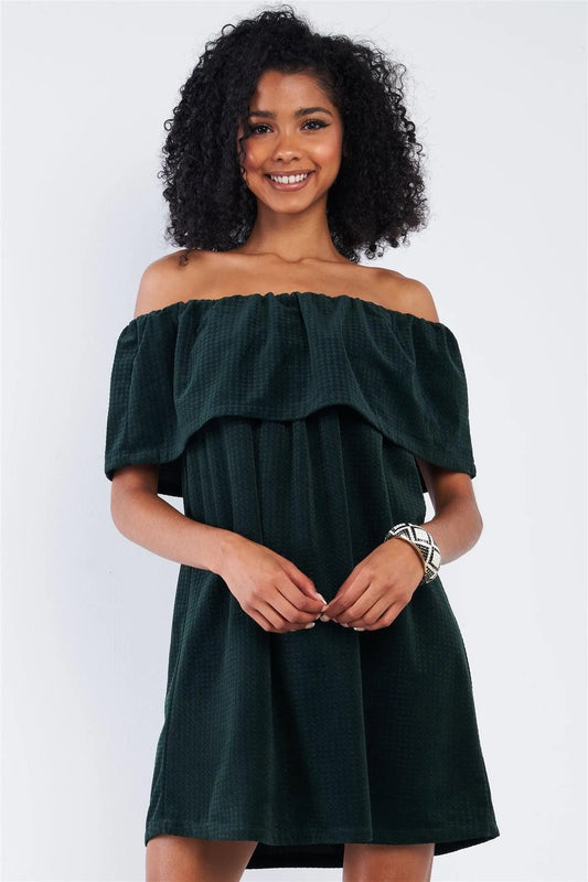 Forest Green Velvet Hounds Tooth Print Off The Shoulder Mini Dress - Tasha Apparel Wholesale